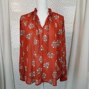 LOFT Rust Floral Tie-Front Ruffle Blouse
